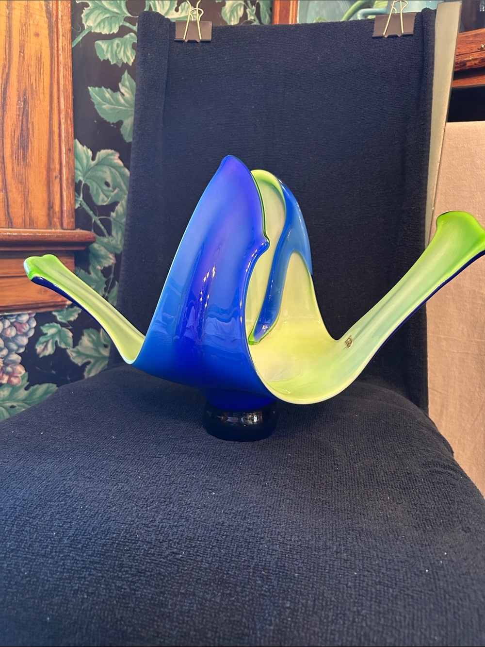 Argentinian Handblown Blue and Chartreuse Art Glass Centerpiece Bowl MCM